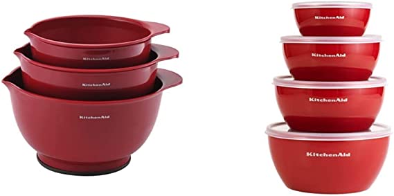 KitchenAid Classic Mixing Bowls, Set of 3, Empire Red & Classic Prep Bowls with Lids, Set of 4, Empire Red