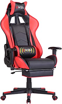 EDWELL Gaming Chair with Footrest,High Back Computer Gaming Chair, Racing Style Ergonomic Office Chair PU Leather Desk Chair with Headrest and Massage Lumbar Support, Red