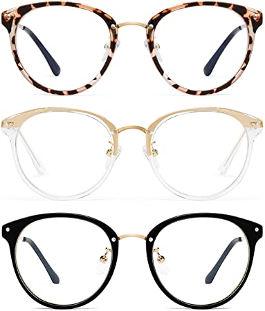 Round Blue Light Blocking Glasses Women - FEIDU Retro Computer Eyeglasses (Black Yellow Leopard  Clear)