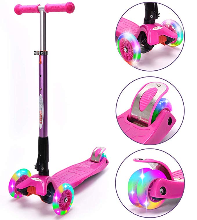 ChromeWheels Scooters for Kids, Deluxe Kick Scooter 4 Adjustable Height 150lb Weight Limit 3 Wheel, Lean to Steer LED Light Up Wheels, Best Gifts for Girls Boys Age 6-12 Year Old
