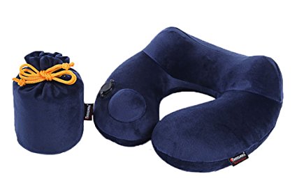 Umiwe Travel Neck Support Pillow Inflatable 3D Ergonomic Design Luxury Velvet Cushion Washable Cover with Carry Bag, Navy