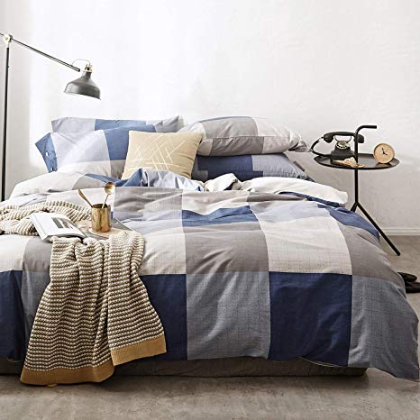 OREISE Duvet Cover Set King Size 100% Cotton Bedding Set Gray Tan Blue Printed Grid Style,3Piece (1 Duvet Cover + 2 Pillowcase),Comfortable Luxurious Hypoallergenic