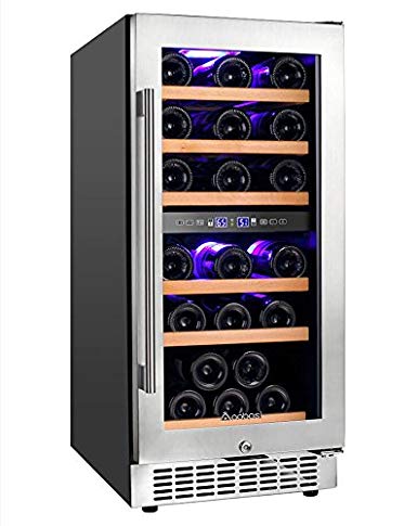 Aobosi 15'' Dual Zone Wine Cooler 30 Bottle Freestanding and Built-in Wine Refrigerator with Stainless Steel&Double-Layer Tempered Glass Door,Safety Child Lock