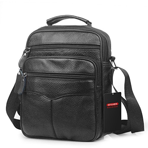 SPAHER Men Leather Handbag Shoulder Bag For IPAD Business Messenger Backpack Crossbody Casual Tote Sling Travel bag with Handle and Adjustable Strap Large