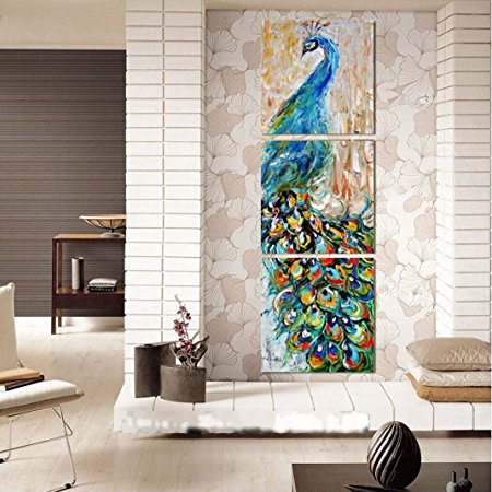 Modern Home and Office Wall Decor Canvas Print Peacock Paintings on Canvas 3 Panels (12x12inchx3)
