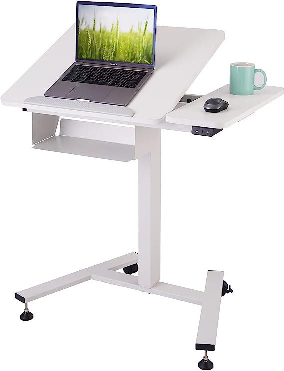 TOPSKY Electric Height Adjustable Standing Laptop Study Desk with Tilting Board and Wheels for Home Office Use (White)