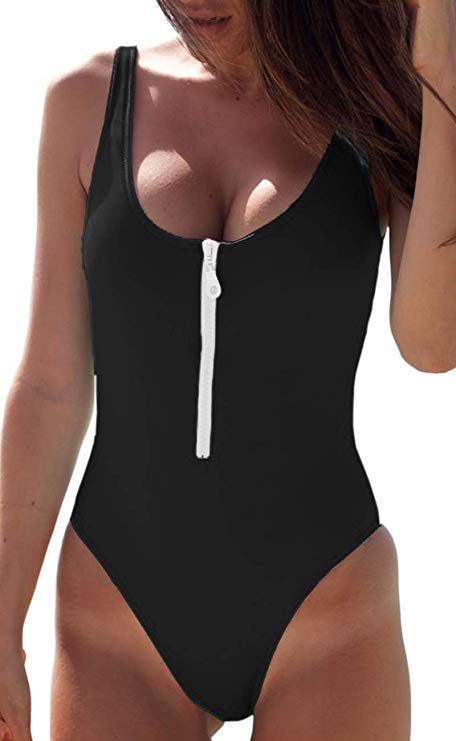 CHYRII Women Sexy Zipper Front Low Back High Cut One Piece Swimsuit Bathing Suit