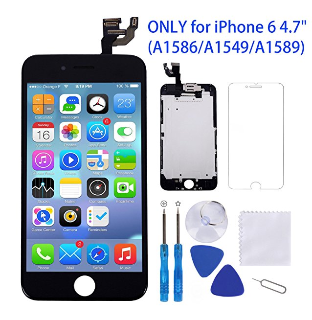 for iPhone 6 Screen Replacement Black 4.7" LCD Display Touch Digitizer Frame Assembly Full Repair Kit, with Proximity Sensor, Earpiece Speaker, Front Camera, Free Screen Protector, Repair Tools