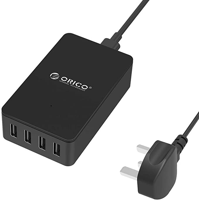 USB Charger ORICO 34W 4-Port USB Plug Wall Charger with Detachable UK Mains Lead for iPhone iPad Samsung Galaxy and More - Black