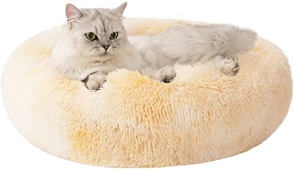 Love's cabin 20in Cat Beds for Indoor Cats - Cat Bed with Machine Washable, Waterproof Bottom - Tie-Dye/Yellow Fluffy Dog and Cat Calming Cushion Bed for Joint-Relief and Sleep Improvement