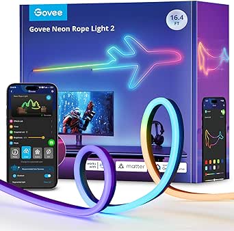 Govee Neon Lights, RGBIC Neon Rope Light 2 Works with Matter, Alexa, Google Assistant, Custom DIY Neon Strip Lights for Bedroom and Wall Decor, Shape Mapping, Softer Material, 16.4ft, Black