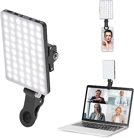 Newmowa 60 LED High Power Rechargeable Clip Fill Video Light with Front & Back Clip, Adjusted 3 Light Modes for Phone, iPhone, Android, iPad, Laptop, for Makeup, Selfie, Vlog, Video Conference