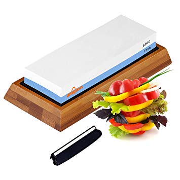 Knife Sharpening Stone – Double-Sided Waterstone - 1000/6000 Grit Whetstone - Non-Slip Bamboo Base and Angle Guide - Perfect Tool for Polishing Kitchen Knives, Hunting Blades, and Fishing Hooks