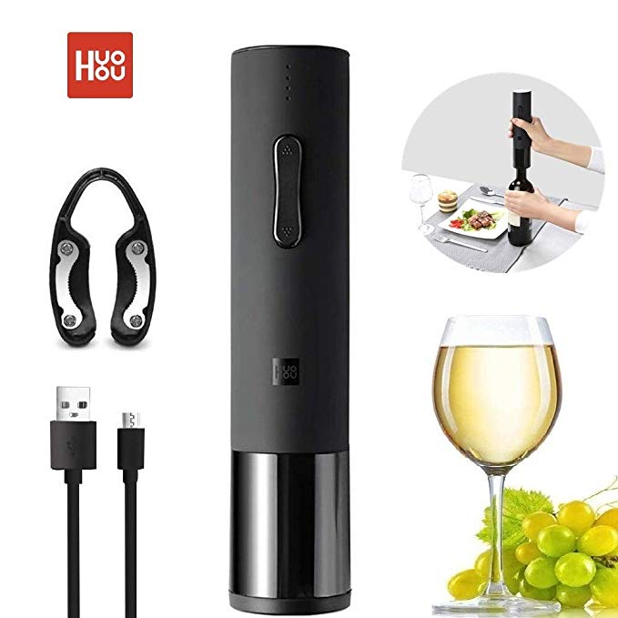 HUOHOU Electric Wine Opener, Automatic Cordless Corkscrew Rechargeable with Free Foil Cutter, Stainless Steel Bottle Opener, Best Gift for Wine Lovers (Black)