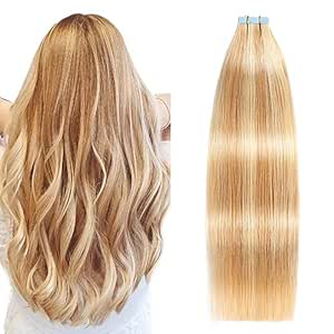 SUYYA Tape in Hair Extensions Human Hair Strawberry Blonde to Light Blonde Remy Hair 22 inches 20pcs 50g/pack Straight Seamless Skin Weft Tape in Human Hair Extensions Piano Color(22 inch #P27/24B)