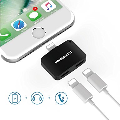 2 in 1 Lightning to Dual Lightning Adapter with Mic for iPhone 7/7 Plus,Wofalodata Mini AUX Splitter Audio   Charge Sync Data Compatible for iOS 10.3 - Black