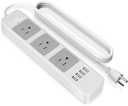 TNP Power Strip with USB Surge Protector - 3 AC Outlet 4 USB Port Charger Charging Station Smart Travel Power Supply Bar Adapter Multi Socket Plug Extension Cord For Smartphone & Appliance (6ft, Gray)