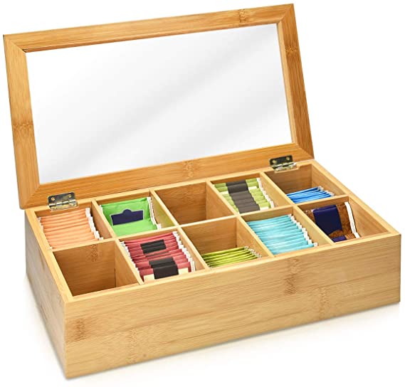 Navaris Bamboo Tea Box - Chest Organiser with 10 Compartments for Tea Bags - Wooden Case Container with Transparent Lid for Individual Tea Bag Storage