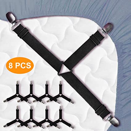 N / A 8 Pcs Premium Bed Sheet Holder Straps, Adjustable Triangle Elastic Bed Sheet Fastener Suspenders Gripper Clips for Bed Sheets, Mattress Covers, Sofa Cushion (Black).