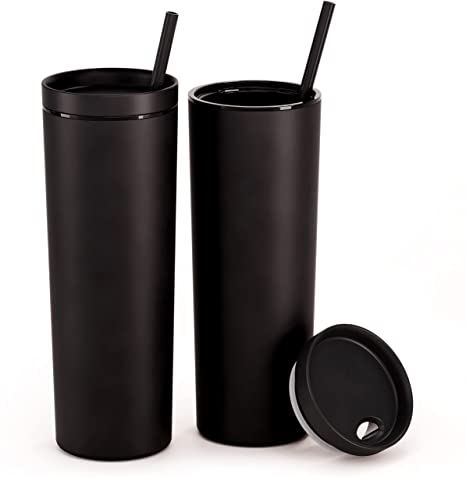 Maars Skinny Acrylic Tumbler with Lid and Straw | 18oz Premium Insulated Double Wall Plastic Reusable Cups - Matte Black, 2 Pack