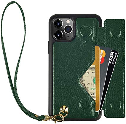 iPhone 11 Pro Max Wallet Case, iPhone 11 Pro Max Case with Wrist Strap, ZVEdeng iPhone 11 Pro Max Card Holder Case Wrist Bag Magnetic Flip Case Handbag Shockproof Cover Case-Midnight Green