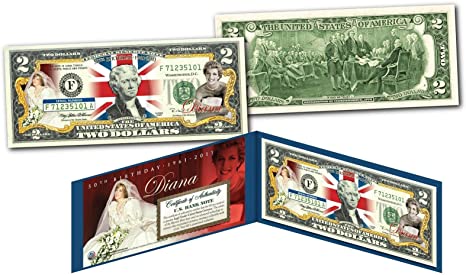 PRINCESS DIANA 50th Birthday Collectible Art Two-Dollar Bill with Certificate