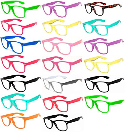 (20 Pieces Per Case) Wholesale Lot Clear Lens Glasses. Assorted Colored Frame Fashion Glasses. Bulk Glasses - Wholesale Bulk Nerdy Party Glasses, Party Supplies.