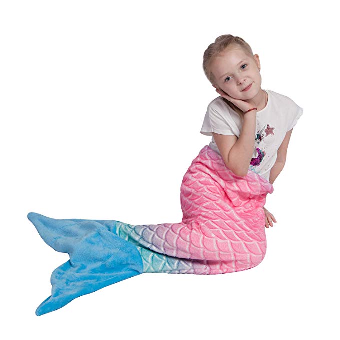 Kids Mermaid Tail Blanket,Plush Soft Flannel Fleece All Seasons Sleeping Blanket,Rainbow Ombre Fish Scale Design Snuggle Blanket,Best Gifts for Girls,17"×39"