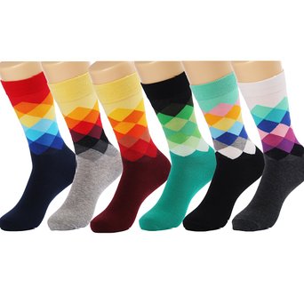 HSELL® 6 Pairs Pack Men Colorful Rainbow Argyle Printed Socks Unisex Funny High