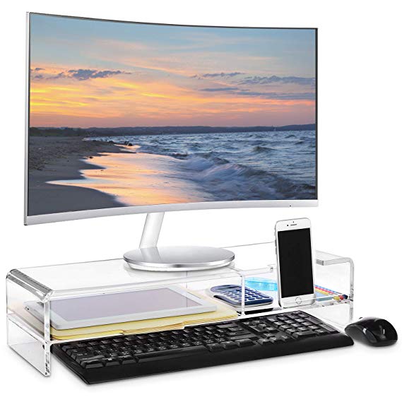 Ikee Design Premium Acrylic Monitor Stand, Monitor Riser/Computer Stand for Home Office Business w/Sturdy Platform, PC Desk Stand for Keyboard Storage