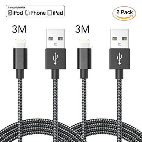Lightning Cable,Sunglo(TM) 2 Pack 10ft Black Extra Long Nylon Braided High Speed Sync Apple Lightning USB Data Charging iPhone Cable Cord for iphone 7,7 plus6,6s, 6 plus,6s plus,iPhone 5 5s 5c 5E 5SE