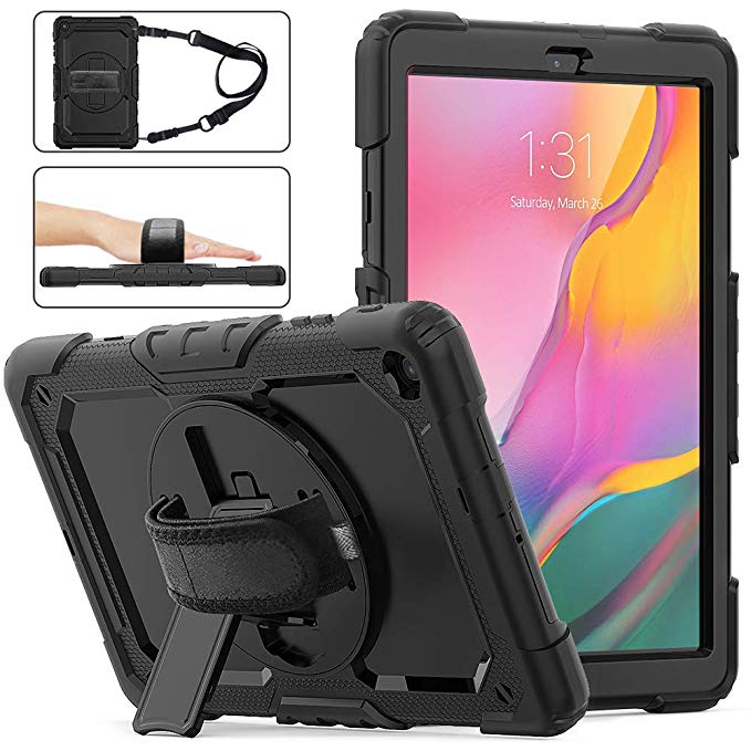 Samsung Galaxy Tab A 10.1 2019 Case with Screen Protector, SM-T510/T515 SIBEITU Heavy Duty Shockproof Full Body Rugged Protection Cover with Stand Hand Strap Shoulder Strap for Kids 2019 Released,Blk