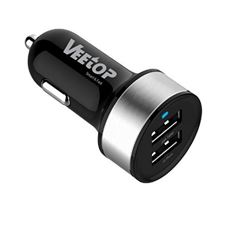 Veetop Dual USB High Speed Car Charger UPGRADE 3.1Amp 17W - 2.1A & 1.0A, Smart charging for all iPhones (6S,6, 6 plus), Samsung Galaxy, GPS,= (Black/Silver)