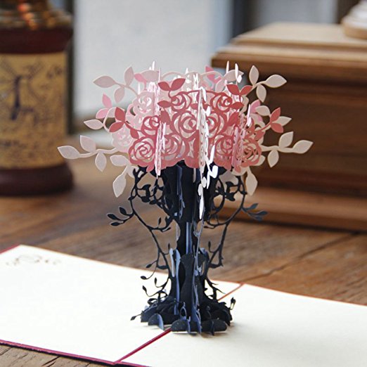 Paper Spiritz Pink Flower Tree 3D Pop up Greeting Card Best Wishes Thank You Mom Postcard with Envelope Laser Cut Birthday Post Card (Pack of 1)