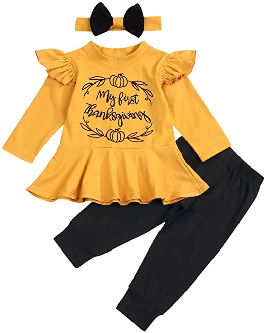 SEVEN YOUNG My First Thanksgiving Outfits Kids Toddler Baby Girls Ruffle Sleeve Shirt Pants Set Fall Dress Clothes