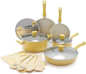 GreenLife Soft Grip Healthy Ceramic Nonstick 15 Piece Kitchen Cookware Pots and Frying Sauce Saute Pans Set, PFAS-Free with Kitchen Utensils and Lid, Dishwasher Safe, Yellow