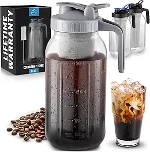 Zulay Premium Cold Brew Coffee Maker - 64oz Mason Jar Pitcher - Extra-Thick Glass & Stainless Steel Filter - Leak-Proof Lid With Air-Tight Seal For Fresh Cold Brew & Iced Tea - Gray