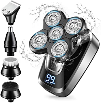 CHLANT Electric Head Shavers for Men, 5 in 1 Waterproof Head Shavers for Bald Men, Cordless Rechargeable Rotary Razor with LED Display, Bald Head Shaver Grooming Kit with Nose Trimmer Hair Clipper