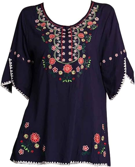 Ashir Aley Mexican Shirts Peasant Blouses Cotton Embroidered 3/4 Sleeve Bohemian Tops Boho Clothes for Women Summer Fiesta