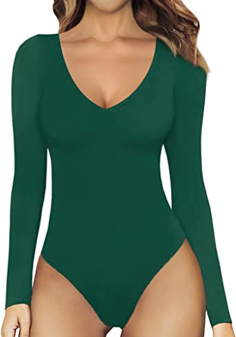 MANGOPOP Deep V Neck Short Sleeve Long Sleeve Tops Bodysuit for Women