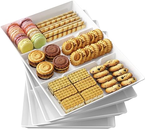 Lifewit Serving Tray Divided for Party Supplies, 4 PCS 15" x 10" Plastic Platters for Serving Food, White Reusable Tray for Veggie, Snack, Fruit, Cookies, Desserts in Kitchen/Pool/Pantry Organization