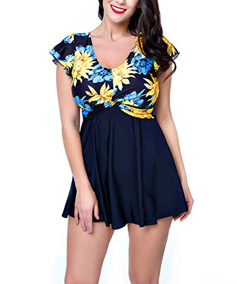 Women's Swimdress Crossover Swimsuits Floral Skirted Ruffle Sleeve Swimsuit Bathing Suits for Women