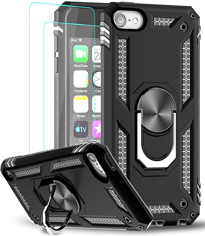 iPod Touch 7 Case, iPod Touch 6 Case, iPod Touch 5 Case with [2Pack] Tempered Glass Screen Protector, LeYi Military-Grade Phone Case with Car Mount Kickstand for Apple iPod Touch 7th/6th/5th Gen?Black