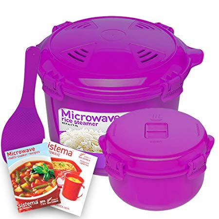 Sistema Microwave Cookware Rice Steamer Set with Lids -- Large Microwave Multicooker, Side Dish Bowl, Spoon and Recipes (BPA Free, 100% Food Safe) (Purple Set)