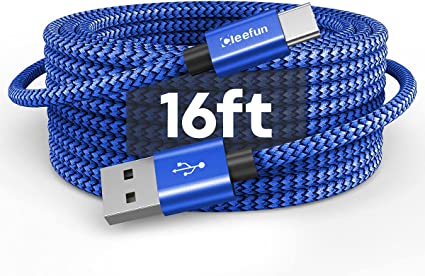 16ft (5m) Long USB C Cable, CLEEFUN USB A to Type C Cable 2.0 Nylon Braided Charger Power Cord Compatible with Samsung Galaxy Note Tab, LG, Moto, Sony, Pixel, Switch and More USB C Phone Tablet Camera