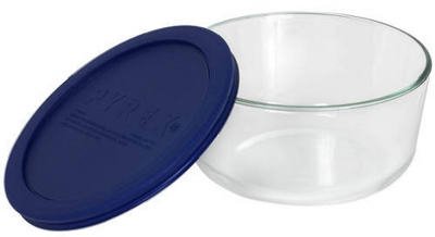 Pyrex Storage Round Dish with Dark Blue Plastic Cover, Clear