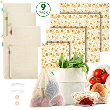 Beeswax Food Wrap and Reusable Produce Bags-MOICO beeswax wrap Eco-Friendly Washable Food Wrap, Organic Cotton Mesh Bags and Muslin Bags for Kitchen Food Storage (9 Pack)