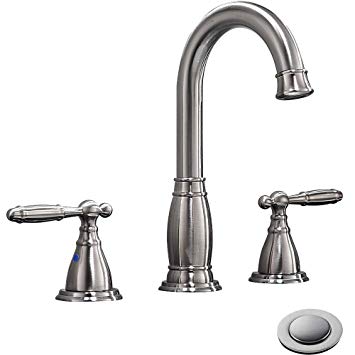 Phiestina Three-Hole 8 inch Two-Handle Brushed Nickel Widespread Bathroom Faucets with Valve And Metal Pop-Up Drain Assembly, WF017-4-BN