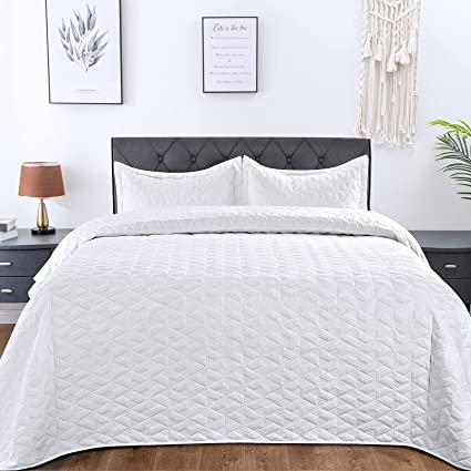 Lucian White Quilt Set King Size, Geometric Pattern Stitched Bedspread, Lightweight Breathable Summer Comforter Coverlet Sets for All Season, 1 Quilt (106"x98") and 2 Pillow Shams…