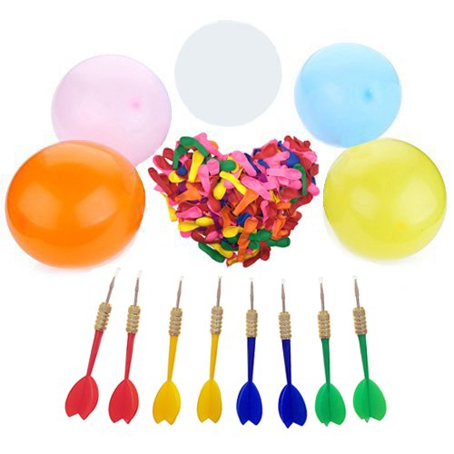 SIX VANKA Dart Balloons 300pcs 5" Assorted Color Latex Water Balloon   8pcs Plastic Darts Bundle for Outdoor Carnival Pop Party Fight Game